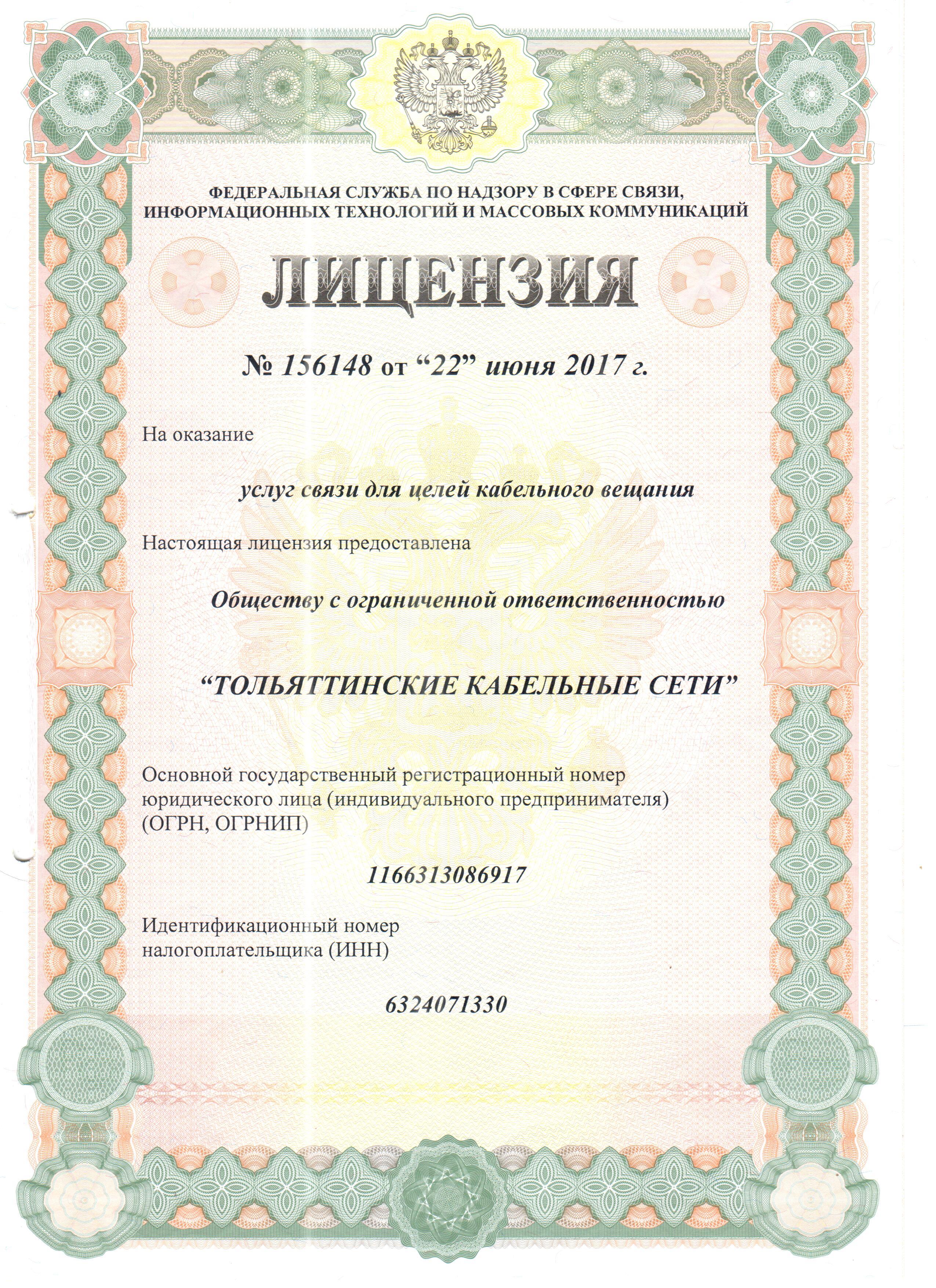 Лицензия Тольяттинские Кабельные Сети